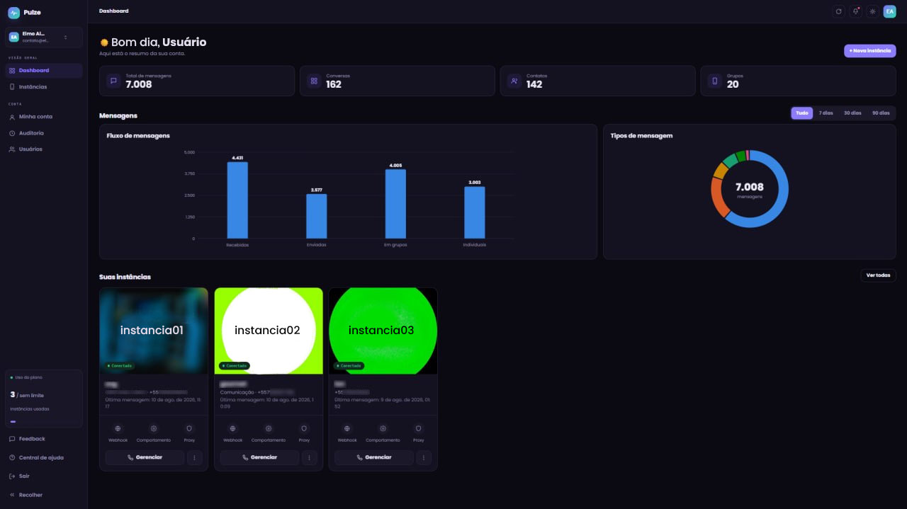 Painel da Pulze API mostrando o resumo da conta, o volume de mensagens e a lista de instâncias conectadas.